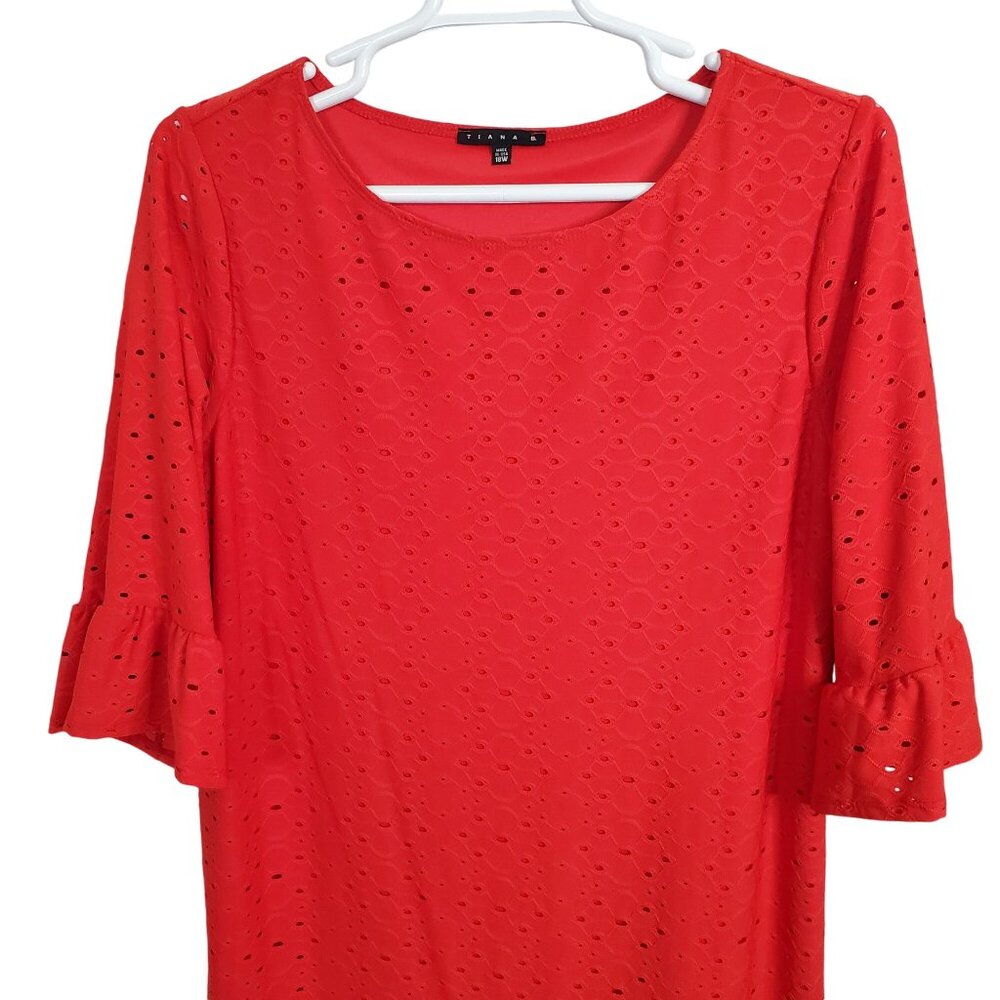 Tiana B Size 18W Dress Shift Stretch Eyelet Overlay Ruffle Bell Sleeve Midi Red - Picture 6 of 14